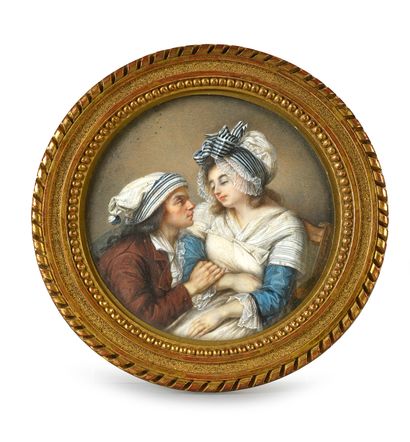 Pierre Noël VIOLET (1749-1819) L'amour tendre 
Miniature ronde sur ivoire signée...