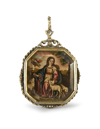 Espagne, XVIIe Small medallion, with silvered bronze frame, bevelled glass, Saint...