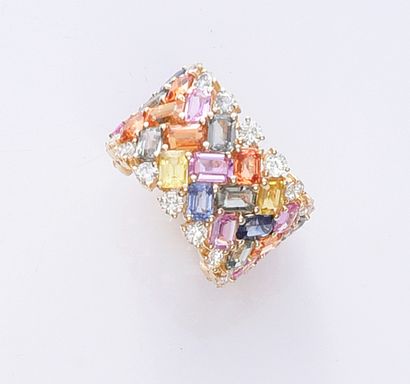 null Large ring in yellow gold 750th set with a chevron pattern of multicolored sapphires...
