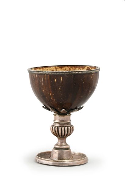 null Cup on foot in Coconut, the silver plated mount engraved with the arms of Archiac...