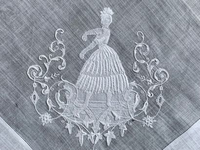  Two embroidered handkerchiefs, Burgos, late nineteenth century. In linen hand thread...