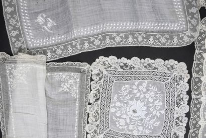 null Ten embroidered pieces, nineteenth century.
Eight handkerchiefs, five with bobbin...