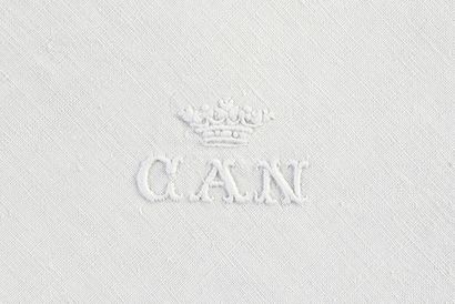  Five towels, In linen of a beautiful fineness, monogram CAN under crown of marquis...