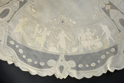  Round tablecloth embroidered with the four elements, 1st half of the XXth century....