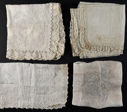  Three embroidered handkerchiefs, tortil de Baron, 2nd half of the 19th century....