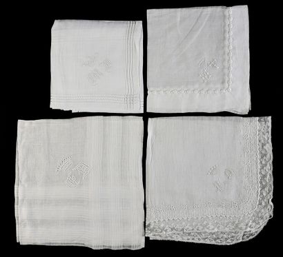  Seven embroidered handkerchiefs, monograms and crowns, late nineteenth century....
