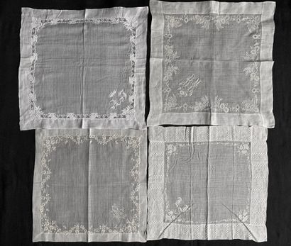  Four embroidered handkerchiefs, 2nd half of the 19th century. In hand linen finely...