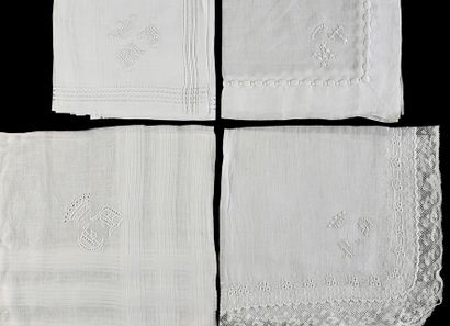  Seven embroidered handkerchiefs, monograms and crowns, late nineteenth century....