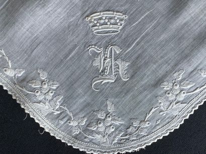  Two embroidered handkerchiefs, covenant arms and crown, France, 1875. Wedding handkerchief...