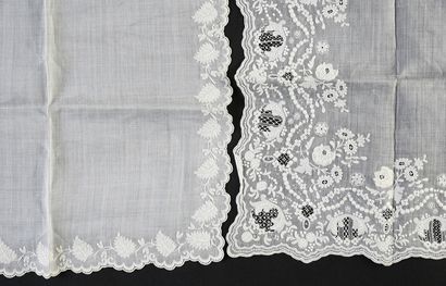  Three finely embroidered handkerchiefs, 19th century. In handloom thread embroidered...