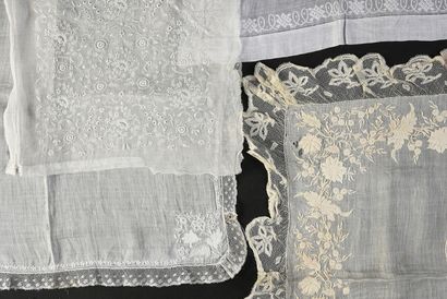  Ten embroidered pieces, 19th century. Nine handkerchiefs, some with bobbin lace...