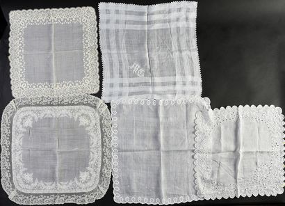 Five embroidered handkerchiefs in white,...