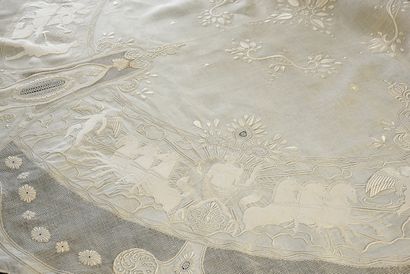 null Round tablecloth embroidered with the four elements, 1st half of the XXth century.
In...