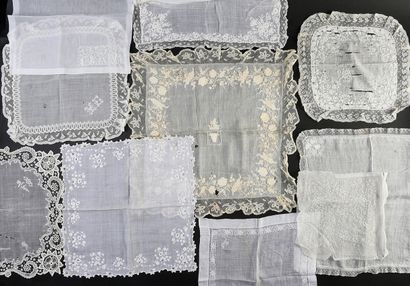  Ten embroidered pieces, 19th century. Nine handkerchiefs, some with bobbin lace...
