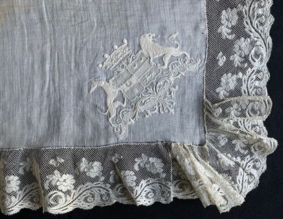 Two embroidered handkerchiefs, covenant arms and crown, France, 1875. Wedding handkerchief...