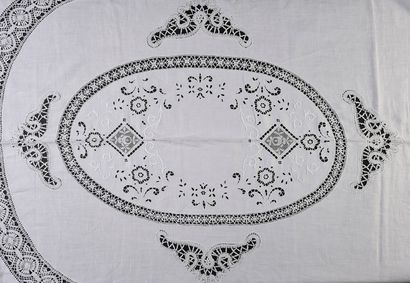 null Nappe de banquet en toile et dentelle, 1ère moitié du XXe siècle.
De forme ovale...