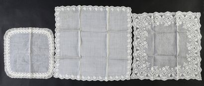  Three finely embroidered handkerchiefs, 19th century. In handloom thread embroidered...