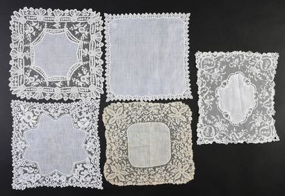 Five small handkerchiefs framed with lace,...