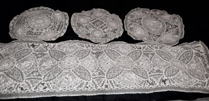 null Doilies and cushions in bonnet background, embroidery and lace, early twentieth...