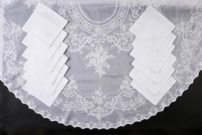 null Table service, tablecloth and twelve napkins, embroidered organza, 1st half...