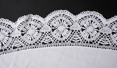  Banquet tablecloth in canvas and lace, 1st half of the 20th century. Oval shape...