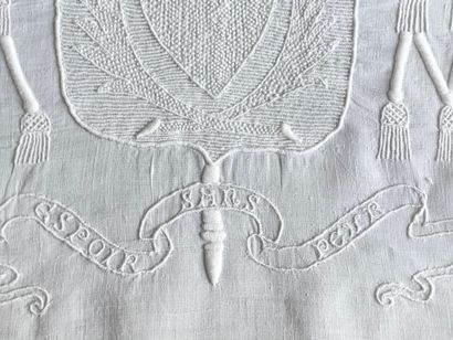 null 
Liturgical linen embroidered with the arms of a bishop of Laval, circa 1887-88.



Linen...
