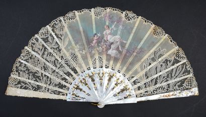 Folded fan, painted silk and Point de Gaze,...