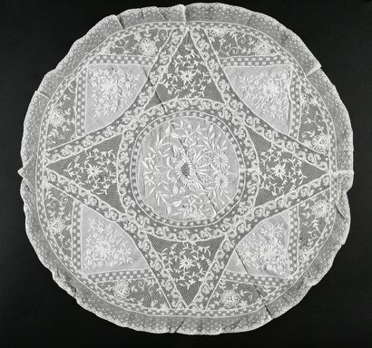 null Doilies and cushions in bonnet background, embroidery and lace, early twentieth...