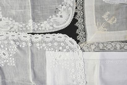 null Ten embroidered pieces, nineteenth century.
Eight handkerchiefs, five with bobbin...