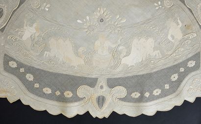  Round tablecloth embroidered with the four elements, 1st half of the XXth century....