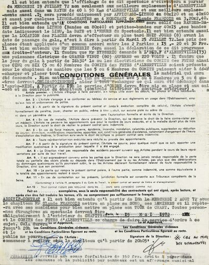 null CLAUDE FRANCOIS (1939/1978): Author, composer, performer. 1 original stage contract...