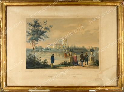 École Française du XIXe siècle 
View of Tsaritzine Island at Peterhof.
Colored lithograph...