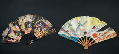 null VOYAGES - Two folded fans, the leaves in paper printed for the "Compagnie Générale...