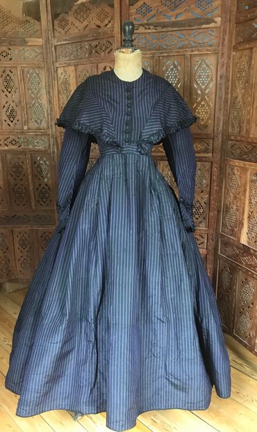 null Afternoon dress, circa 1850, black and purple striped taffeta dress, the bodice...