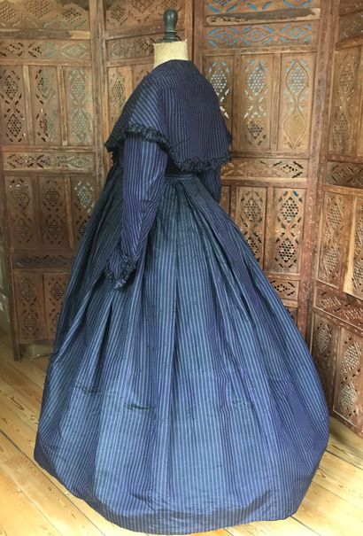 null Afternoon dress, circa 1850, black and purple striped taffeta dress, the bodice...