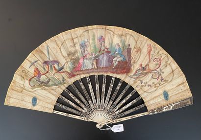 null The young boy, circa 1780
Folded fan, the cream silk leaf painted with a child...