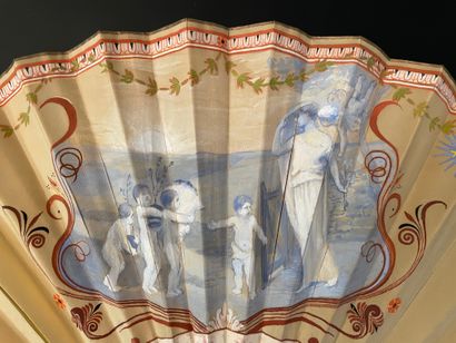 null Hommage des amours, vers 1890
Éventail plié, la feuille en satin beige peint...