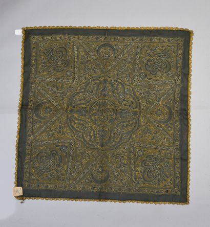null Carpet of table or bohça, Turkey about 1900, green silk satin embroidered in...