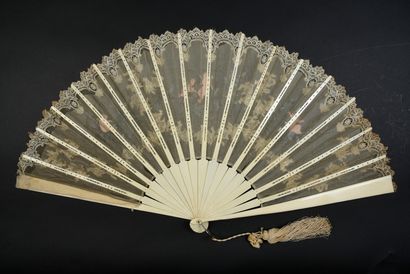 null Two fans, circa 1890 *One, the leaf in beige gauze and bobbin lace painted with...