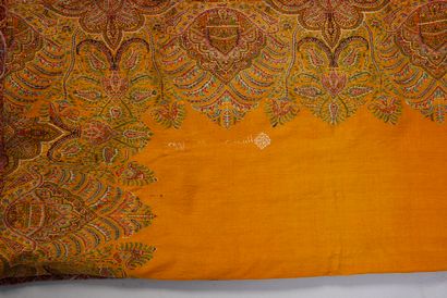 null Square cashmere shawl, India, circa 1840-1850, plain saffron field surrounded...