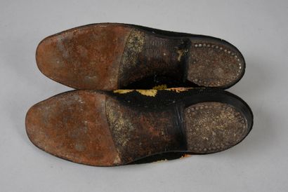 null Two pairs of slippers, mid-19th century, tapestry stems decorated with rose...