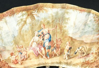 null Adonis partant chasser, vers 1780
Éventail plié, feuille en peau peinte de Vénus...