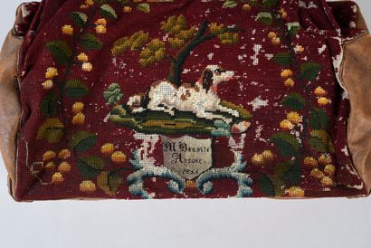 null Travel bag dated 1855, the upper part in tapestry on polychrome wool canvas...