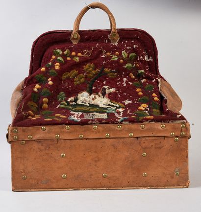 null Travel bag dated 1855, the upper part in tapestry on polychrome wool canvas...