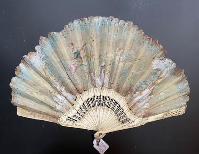 null Three fans, late 19th century *One, the black satin leaf painted with a couple...