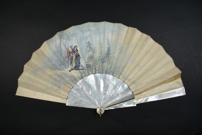 null Promenade galante, ca. 1880
Folded fan, the cream satin leaf painted of a couple...