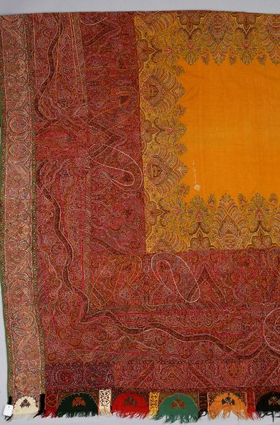 null Square cashmere shawl, India, circa 1840-1850, plain saffron field surrounded...