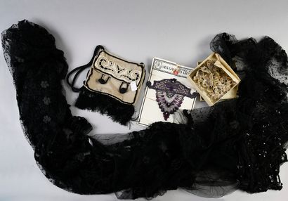 null 487. Eléments de robes en tulle de soie brodé, vers 1900, panneau brodé de paillettes...