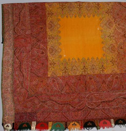 null Square cashmere shawl, India, circa 1840-1850, plain saffron field surrounded...
