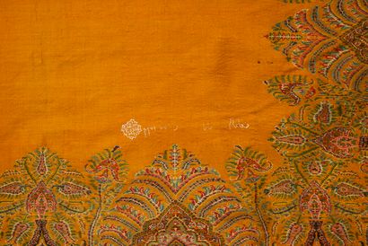 null Square cashmere shawl, India, circa 1840-1850, plain saffron field surrounded...